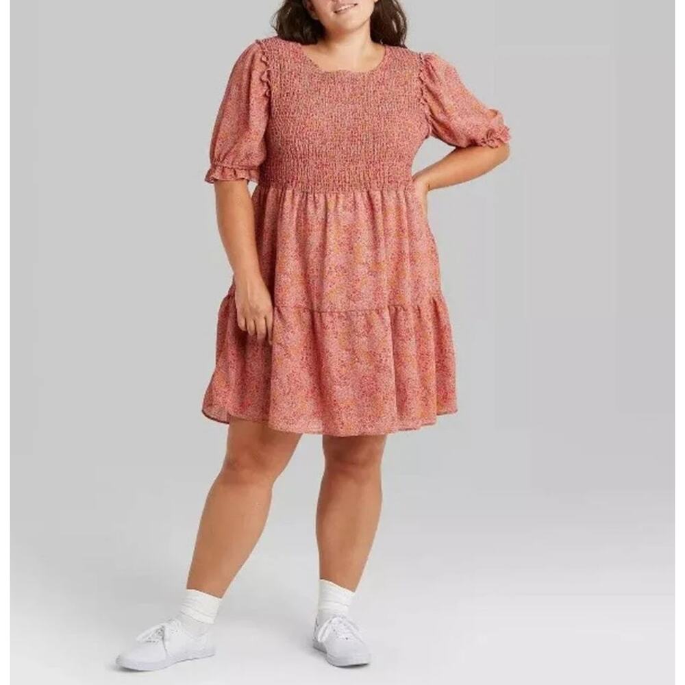 Wild Fable Smocked Dress Women's Size 2X Puff Sleeve Pink Floral Dress